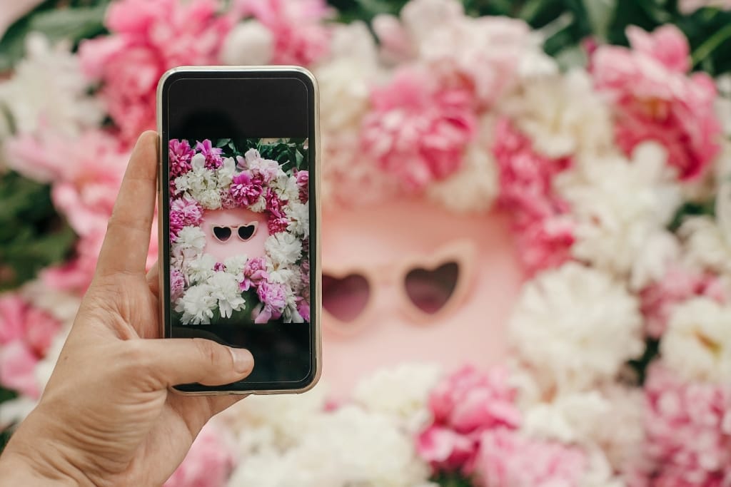 Heart-shaped sunglasses surrounded by pink and white flowers makes beautiful Instagram content worthy of tagging