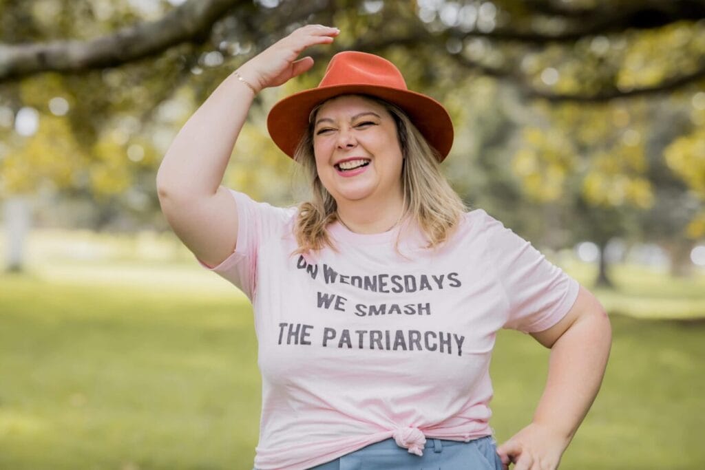 Alison Pickle wearing a smash the patriarchy tshirt