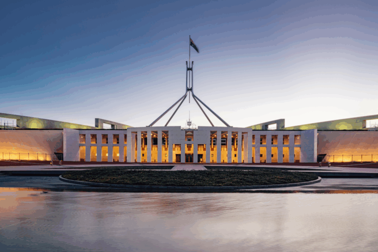 Parliament House in Canberra, Australia at twilight