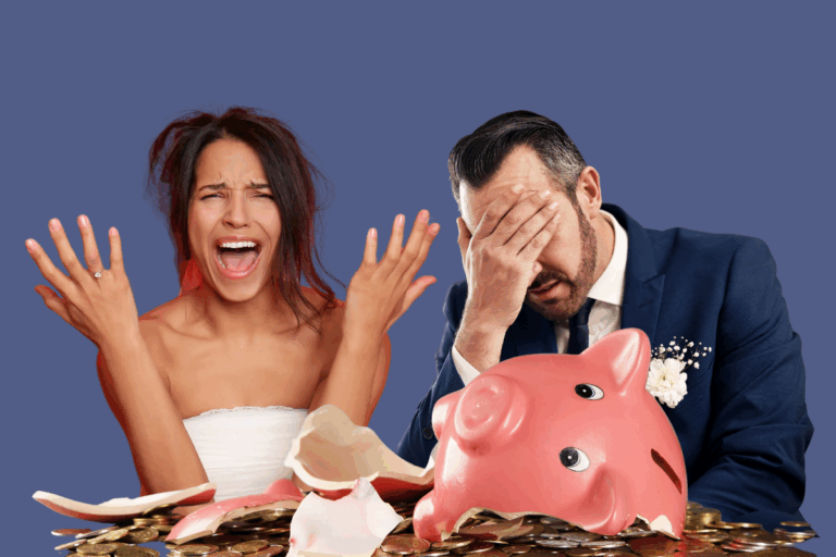 Bride and groom stressed because they have broken their piggy bank and still don't have enough money for their wedding budget