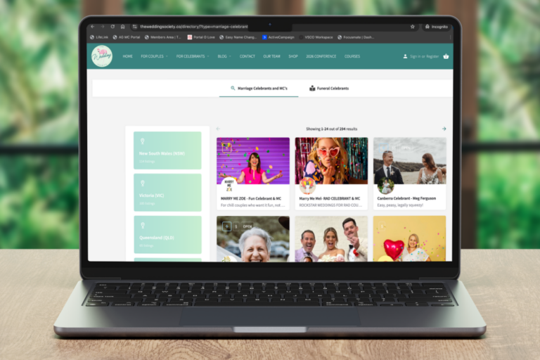 Picture of a laptop showing The Celebrant Society Wedding Directory for Engaged Couples
