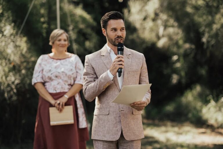 Melbourne celebrant Dee Wild supporting Casey and Riley's friend at their co-pilot wedding