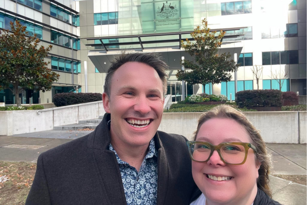 Alison and Gaz outside the Attorney-Genera's Department building in Canberra for the MLCS meeting with celebrant associations and networks
