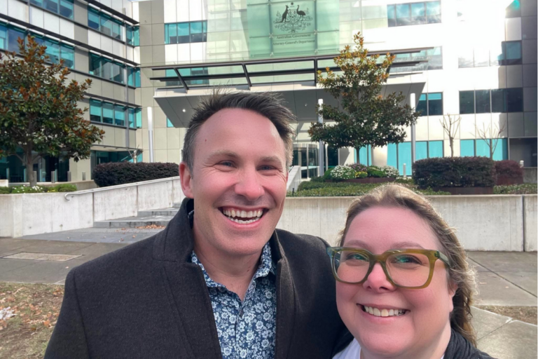 Alison and Gaz outside the Attorney-Genera's Department building in Canberra for the MLCS meeting with celebrant associations and networks